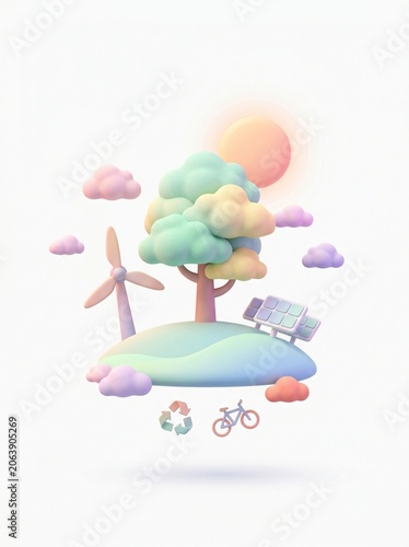 A serene landscape featuring a tree, wind turbine, and bicycle on a hill under a sunny sky with clouds.