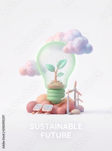 A green lightbulb with a plant grows on a pile of coins next to solar panels and wind turbines under colorful clouds.