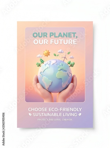 Hands holding a blue globe with green leaves and flowers on a colorful background promoting eco-friendly sustainable living