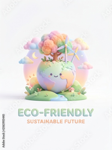A smiling cartoon Earth with trees and flowers on a green hill in a sunny landscape