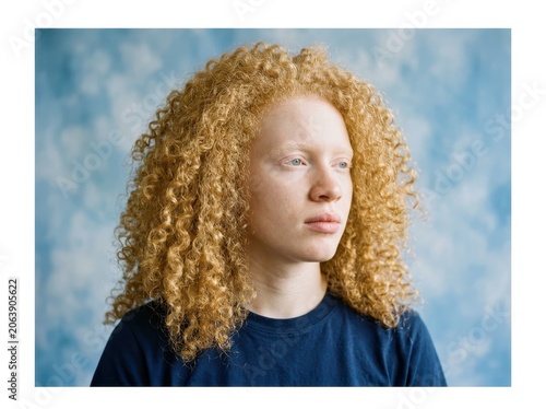 Portrait of a young person with albinism and curly blonde hair looking away against a blue background