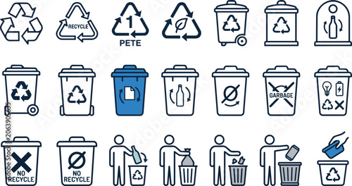 Collection of various recycling icons and waste management symbols displayed as a vector on transparent background