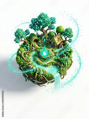 A mystical glowing globe with lush green trees and foliage emerges from a serene natural landscape.