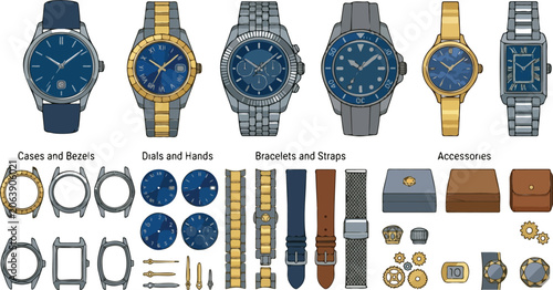 Valokuva WeMen classic golden luxury timepiece collection flat line art graphic containin