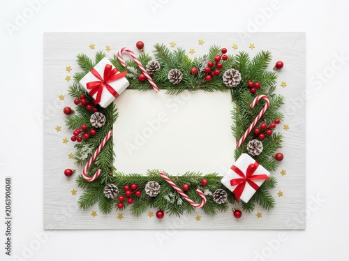 Christmas frame with fir branches, pine cones, gift boxes, candy canes, red berries and stars on a white wooden background