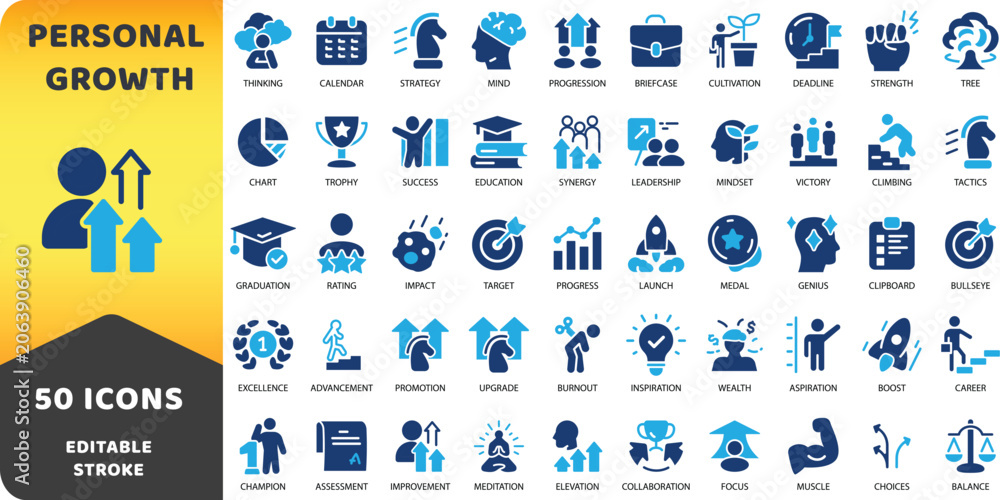 Naklejka premium Personal growth and self improvement solid icon set. Career, mindset, and success vector glyphs.