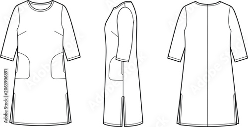 Fotografie Women traditional kameez tunic dress fashion technical flat sketch vector templa