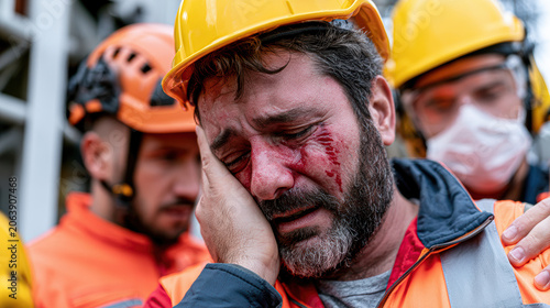 Construction workers in safety gear, one visibly injured and distressed, receiving support from colleagues at a worksite.