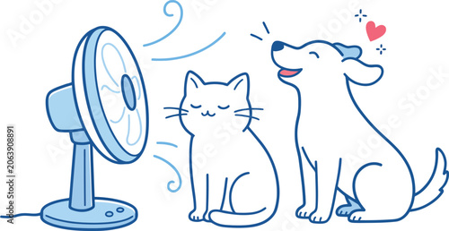 Cuadro en lienzo Cute cat and dog cooling off in front of an electric fan, summer heat vector ill