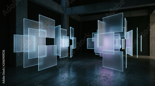Spatial computing mixed reality floating glass panels ambient frosted interface AR VR dark abstract technology visualization background