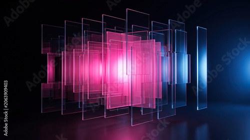 Mixed reality XR glass panel array magenta pink blue neon 3D spatial computing floating display abstract technology dark background
