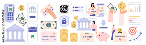Banking and finance icon set with people, bank building, credit card and donation box. Online banking app, QR code payment, piggy bank, coin stack and money transfer. Flat vector illustration