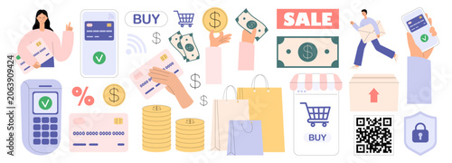 Online shopping icon set with people, credit card and shopping bag. Mobile payment app, terminal, sale discount, buy button, QR code and delivery box. Flat vector illustration