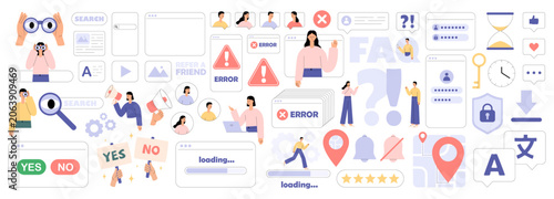 UI UX icon set with people, web interface and app elements. Search, error, loading, FAQ, login, GPS, notification, translation, rating, megaphone and refer a friend screen. Flat vector illustration