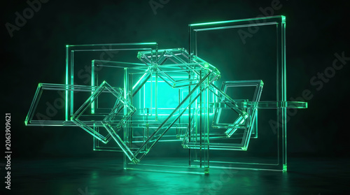 DeFi smart contract interlocking glass frames green cyan neon blockchain Web3 decentralized finance abstract technology dark background