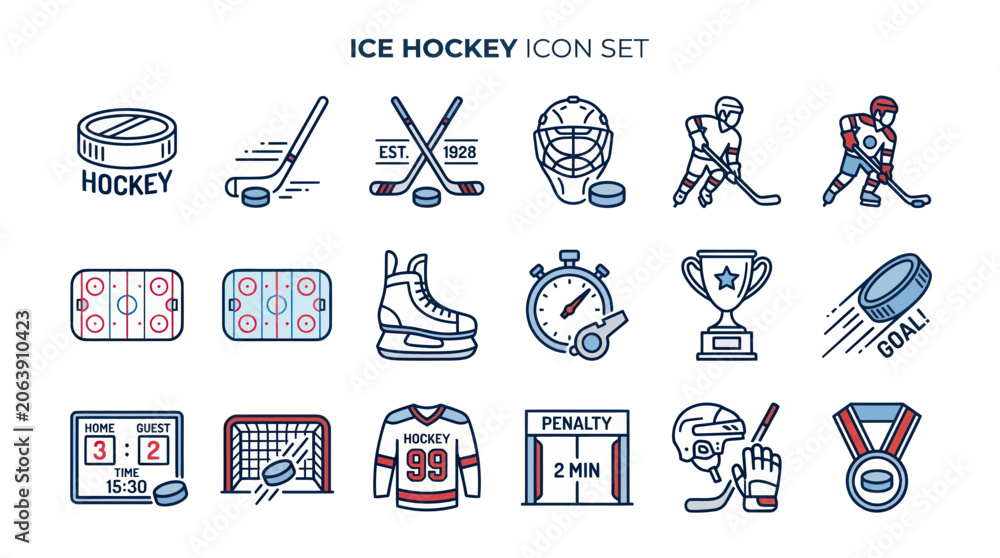 Fototapeta premium Ice Hockey Icon Set: Puck, Stick, Skates, Goal, Trophy, Referee, Player, Rink, Stopwatch