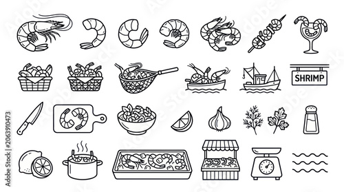 Cuadro en lienzo Shrimp Food Icons: Cooking, Seafood, Ingredients, and Dishes