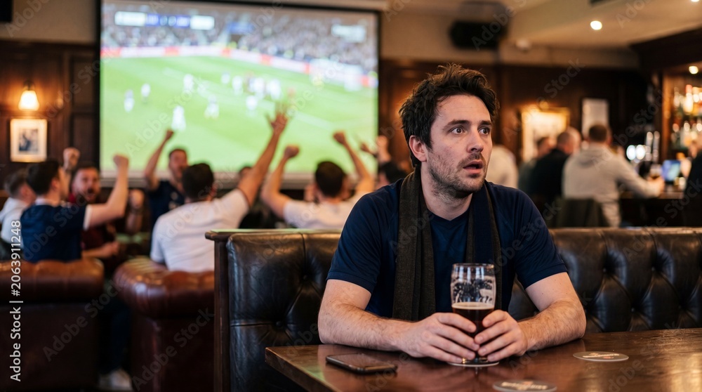Fototapeta premium Shocked Football Fan Sitting in Pub and Staring in Disbelief while Crowd Celebrates Goal on Screen, Disappointed or Anxious Soccer Supporter in Bar, Emotional Sports Reaction, Commercial Stock Photo