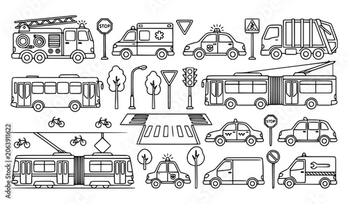 Cuadro en lienzo Educational City Transport Coloring Page Vector Set with Emergency and Public Ve