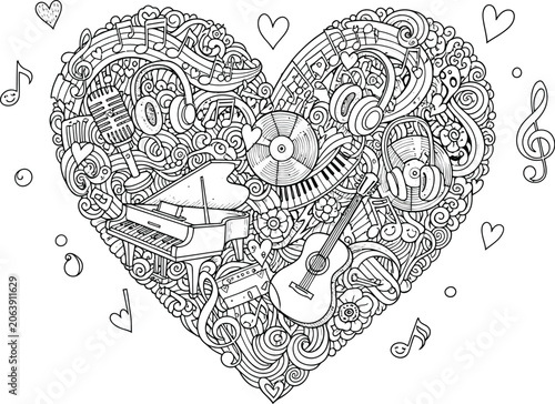 Heart shaped music doodle with musical instruments and notes coloring page