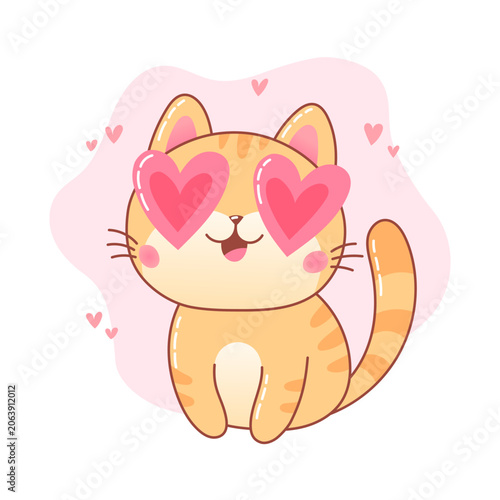 Cute happy cat with hearts sticker, character in love. Vector illustration in simple style