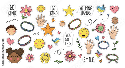 Cute sticker collection with smiling emojis flowers and motivational text