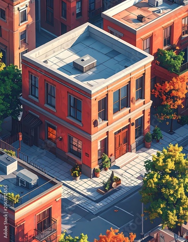 Aerial view of a small town with a central red brick building surrounded by trees and greenery