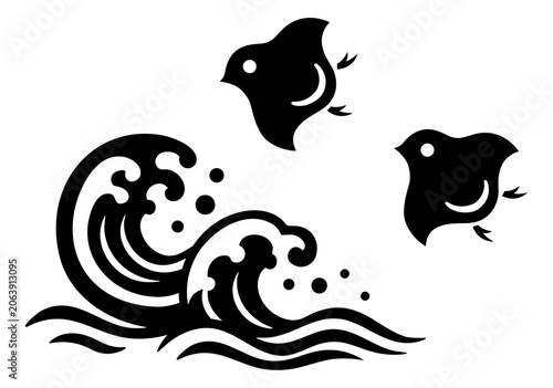 切り絵風のシンプルな波と浜千鳥のイラスト