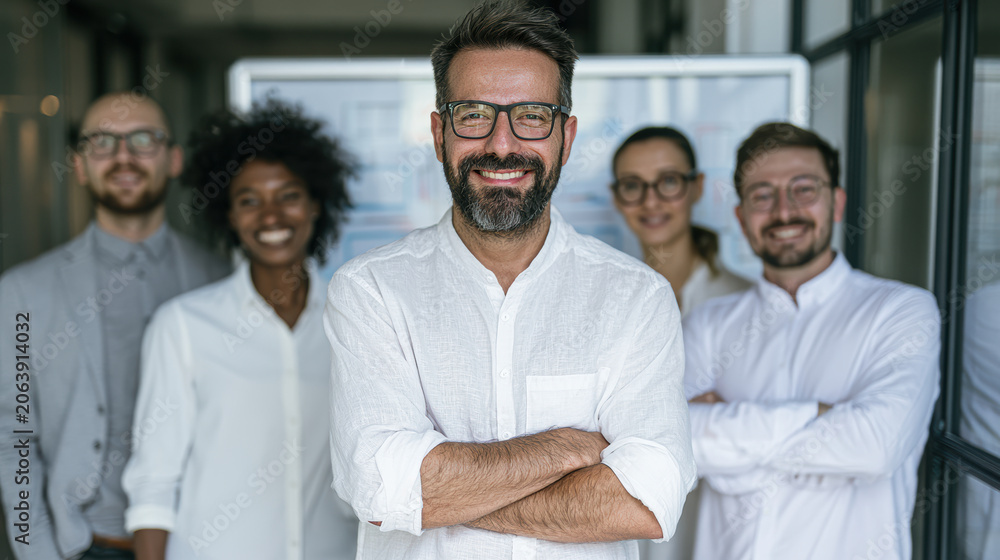 Obraz premium Confident diverse business team standing together in a modern office, smiling and looking at the camera, representing teamwork and professional success.