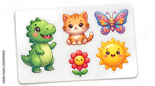 Colorful cartoon stickers, cute animal icons, kids stationery, emoticon faces