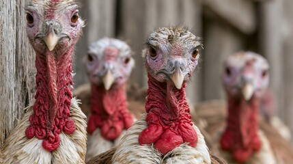 Farm turkeys live happily on the farm, posing for photos. These domestic birds are very important, especially for Thanksgiving.