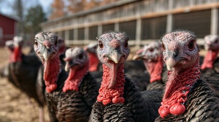 Farm turkeys live happily on the farm, posing for photos. These domestic birds are very important, especially for Thanksgiving.