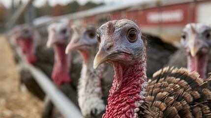 Farm turkeys live happily on the farm, posing for photos. These domestic birds are very important, especially for Thanksgiving.