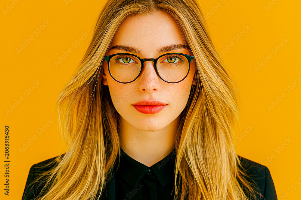 Fototapeta premium Portrait of young blonde woman wearing black eyeglasses against yellow background