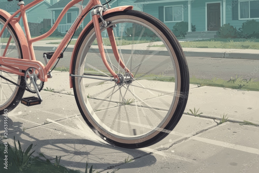 Fototapeta premium Bicycle wheel closeup on suburban sidewalk with retro motion streaks and 90s vibe