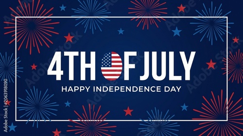 4th of July Happy Independence Day banner with colorful fireworks and stars on dark blue background vector