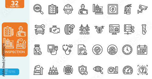 Inspection Vector illustration line editable Icons set. Examination, testing, quality control, check, inspect, collection. on white background.