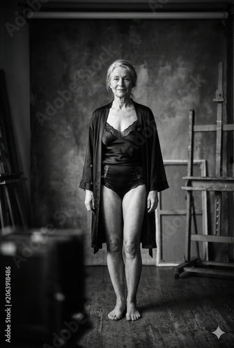 Full-length black and white portrait of a senior woman standing barefoot in a photography studio, wearing a dark bodysuit and robe against a textured backdrop