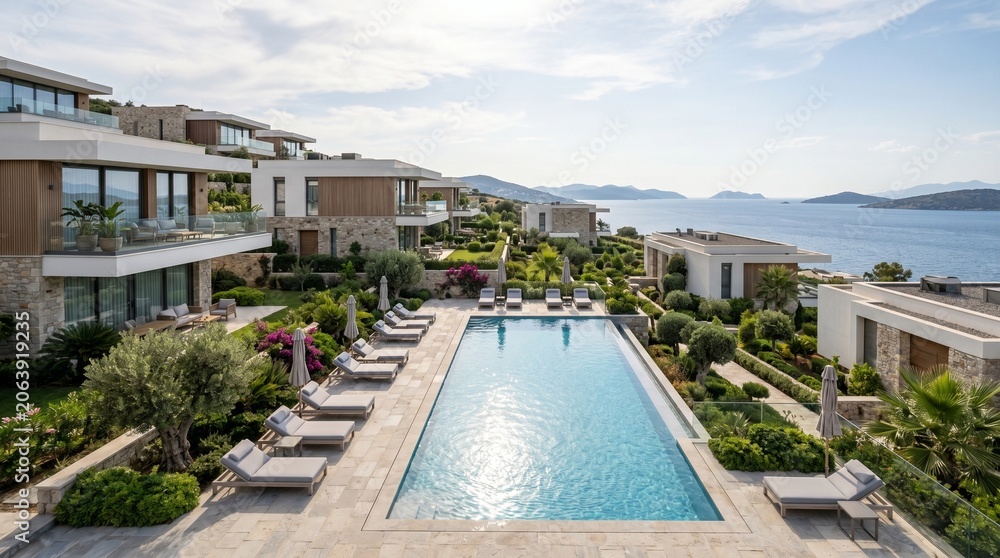Fototapeta premium Luxury poolside resort with modern villas and ocean view