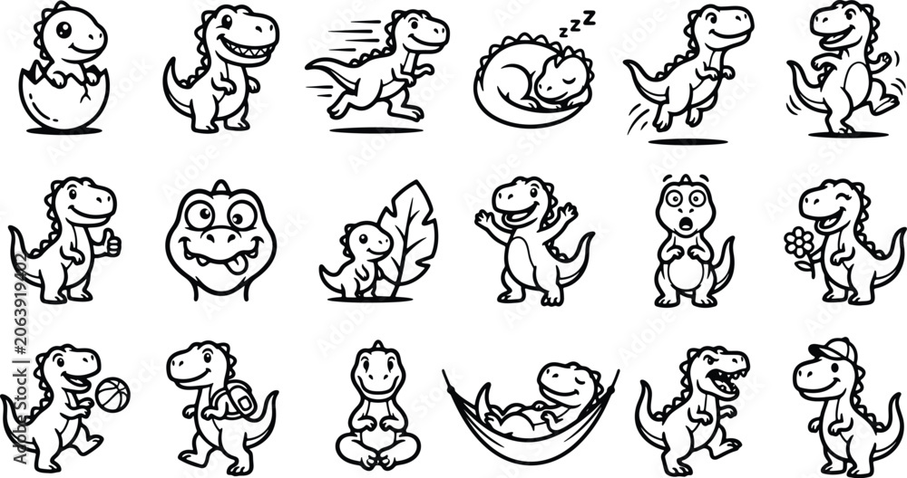 Obraz premium Cute baby animals and children in simple black line