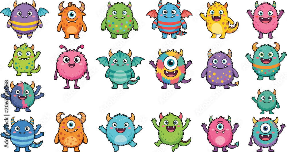 Fototapeta premium Cute Horned Monster and Friendly Alien Character Vector Set for Kids Birthday Invitations, Children Book Illustrations, and Nursery Sticker Graphic Designs