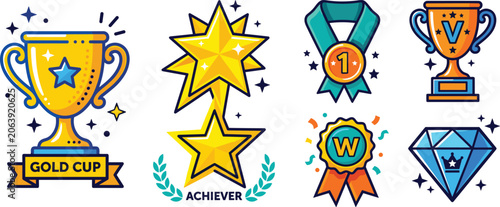 Fotografie Gold Award Trophies and Medals Icon Set with Star Achiever Trophy, First Place M