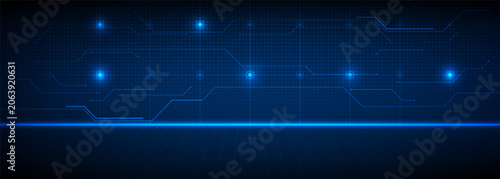 Vector illustration of Abstract blue digital hi tech background with glowing horizontal line and digital element circuit pattern.Digital communication innovation and technology concept.