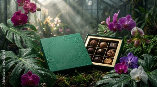 Variant 3: Atmospheric cinematic shot of premium chocolates in a greenhouse, morning sunbeams and foggy moody lighting.