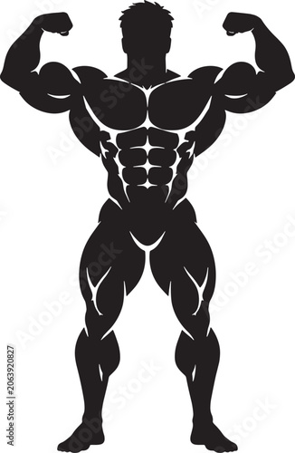 Quadro su tela Muscular Bodybuilder Front Double Biceps Pose Silhouette Vector