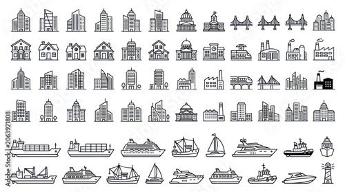Bild auf Leinwand City Buildings and Ships Vector Icons: Urban Architecture and Maritime Transport