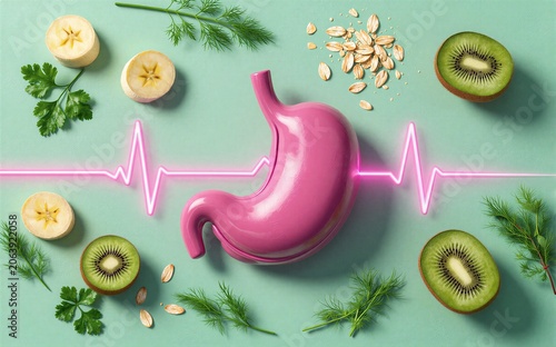 Healthy digestion with vibrant fruits, greens and oats around a glowing pink stomach.