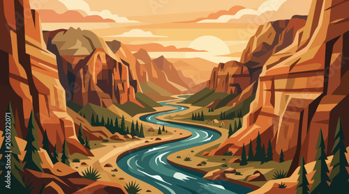 Graphic illustration of a winding river through a deep canyon at sunset