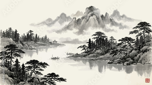 Traditional chinese ink wash painting of mountains and riverside trees
