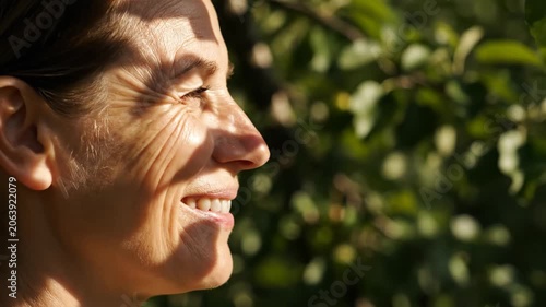 Profile of a middle aged woman smiling in sunlight. Mature lady standing outdoors near green foliage during autumn season. Natural skin texture and facial expression